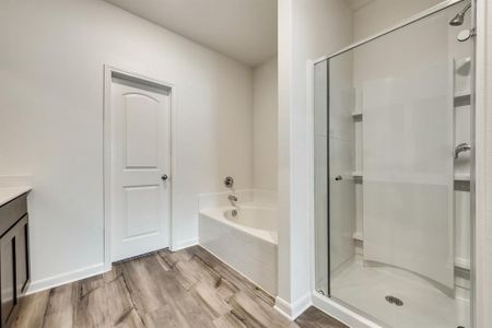 Bathroom with wood-type flooring, independent shower and bath, and vanity