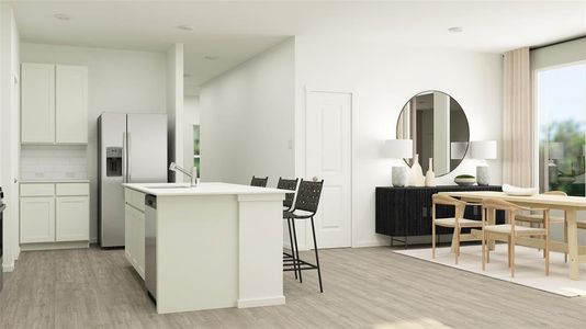 Kitchen featuring stainless steel appliances, a kitchen island with sink, white cabinets, and light hardwood / wood-style flooring