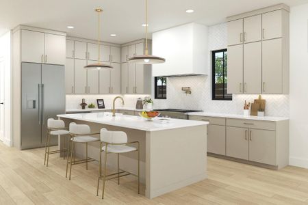 Kitchen with built in refrigerator, a kitchen bar, an island with sink, light wood-type flooring, and custom range hood