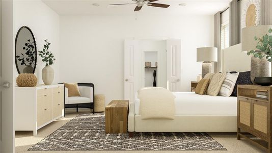 Carpeted bedroom with ceiling fan, a closet, and a spacious closet