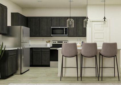 Rendering of the beautiful kitchen in the
  La Jolla, complete with kitchen island, stainless steel appliances, granite
  counters and dark wooden cabinetry.