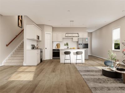 Spacious kitchen features white cabinetry, crown molding, quartz countertops, stainless steel appliances and a center island with pendant lights and bar-top seating. Example photo, virtually staged