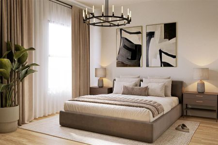 Bedroom featuring a chandelier and light hardwood / wood-style floors