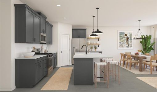 Quartz countertops, maple cabinets, and walk-in pantry in kitchen (*Photo not of actual home and used for illustration purposes only.)