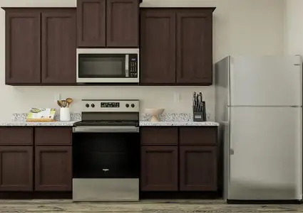 Rendering of the kitchen focusing on stainless steel appliances, dark cabinets and granite countertops.