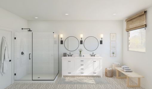 Primary bath with freestanding vanity