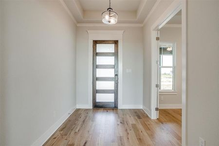 Foyer featuring a raised ceiling, crown molding, and light wood-type flooring