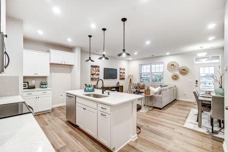 Kitchen, gathering room and front entry