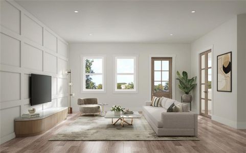 Engineered white oak hardwood floors throughout and custom walk in wine fridge adjacent to the dining area.