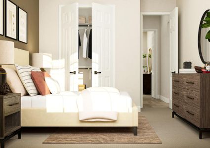 Rendering of a bedroom furnished with a bed, two nightstands, dresser and potted tree. The room has carpeted flooring and a closet with built-in shelving.