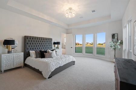 Carpeted bedroom featuring a notable chandelier and a raised ceiling