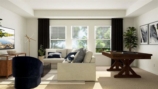 Carpeted living room featuring a raised ceiling