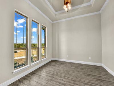 Empty room featuring a raised ceiling and ornamental molding