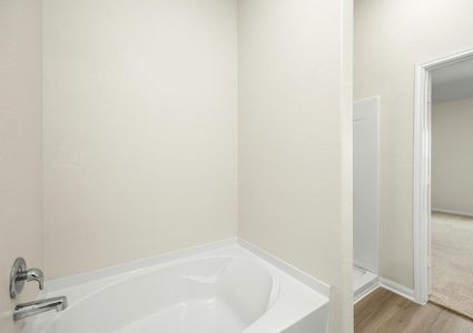 The master bathroom has a step in shower and soaking tub.