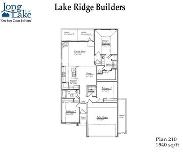 Plan 210, 1 story plan,  features 3 bedrooms, 2 full baths,  and over 1,500 square feet of living space.