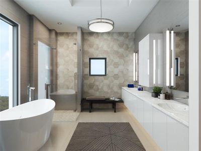 The primary bathroom exemplifies opulence, featuring quartz countertops and a luxurious freestanding soaking tub. It offers a walk-in shower with elegant porcelain walls, a frameless vanity mirror, and exquisite Italian Boffi cabinetry, all crafted for a truly refined experience.