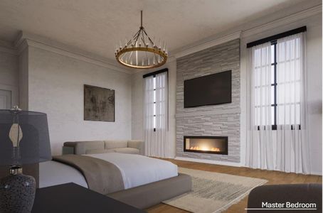 Bedroom with light hardwood / wood-style floors, a fireplace, multiple windows, and a notable chandelier