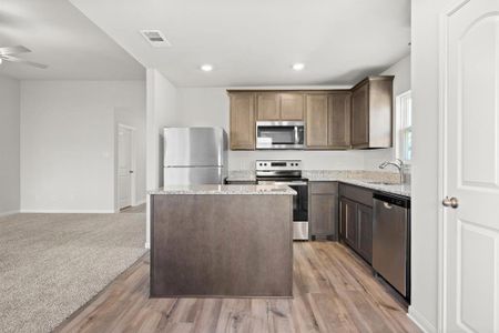 Kitchen featuring sink, a center island, appliances with stainless steel finishes, ceiling fan, and light colored carpet