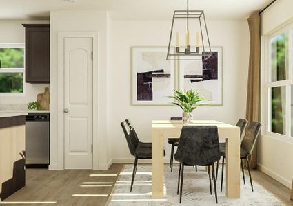 Rendering of the Blanco's dining area
  featuring a table and chairs.