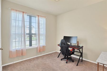 Office with light colored carpet and a wealth of natural light