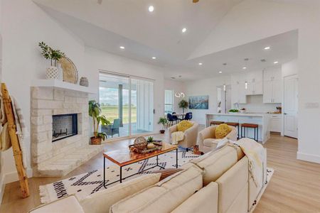 Living room with light hardwood / wood-style floors, high vaulted ceiling, and a stone fireplace