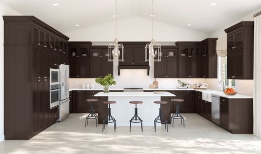 Kitchen with stacked glass-front upper cabinets