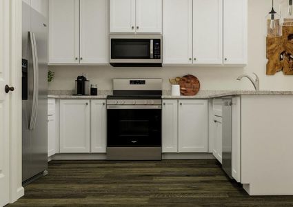 Rendering of the kitchen in the Fripp.
  The space has vinyl plank flooring, white cabinetry, granite countertops and
  stainless steel Whirlpool brand appliances.