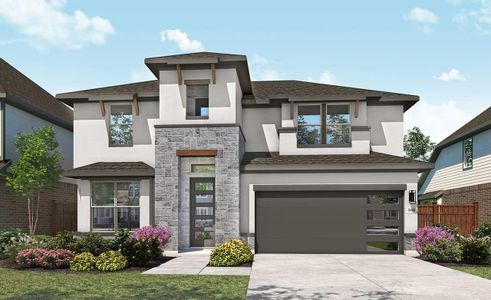 View of front of property featuring stucco siding, an attached garage, fence, stone siding, and driveway