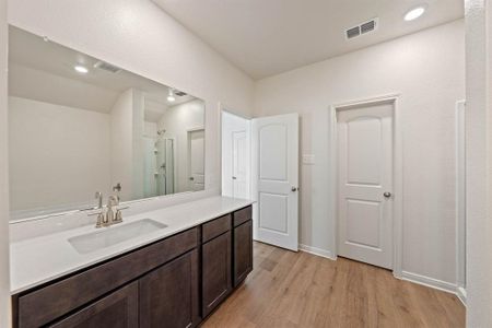 Bathroom featuring vanity, wood-style floors, and a shower with shower door