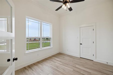 Empty room with light wood-type flooring, ornamental molding, and ceiling fan