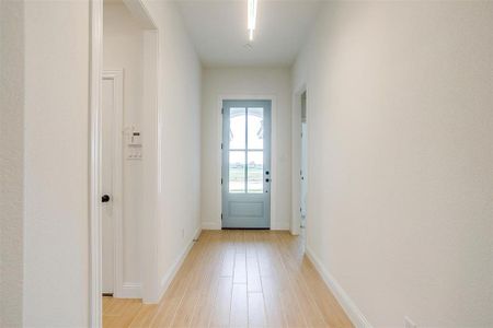 Doorway with light hardwood / wood-style floors