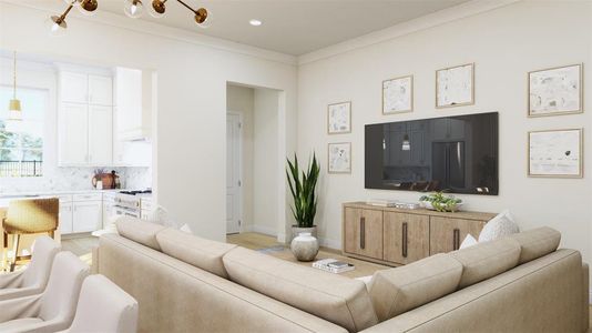 Living room featuring light wood-type flooring and ornamental molding