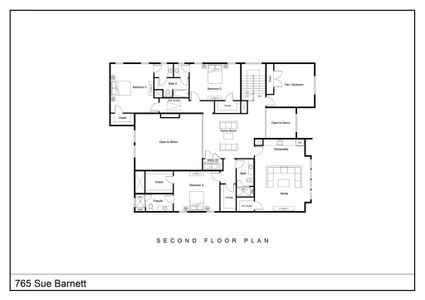 This is a second floor plan featuring four bedrooms, including one ensuite. It has two additional bathrooms, a kitchenette, media room, game room, and flex/bedroom space. There are open areas overlooking below, along with ample closet and storage space.