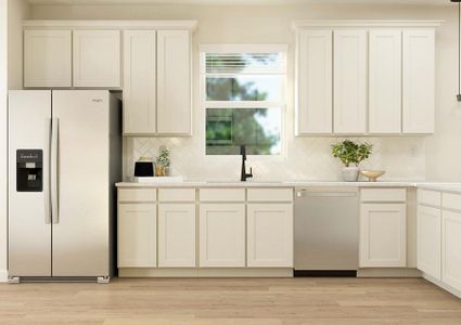 Rendering of the beautiful kitchen, which
  has a window, white cabinetry, stainless steel appliances, a sink with a
  matte black faucet, and tiled herringbone backsplash.