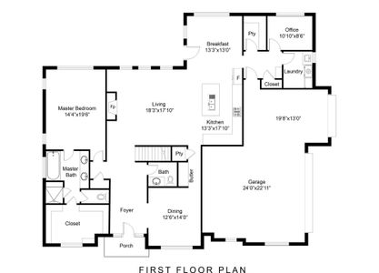 1st floor layout.  Please note entrance to basement is under main set of stairs.  1000 sq ft finished in basement.  Covered rear porch off of breakfast room