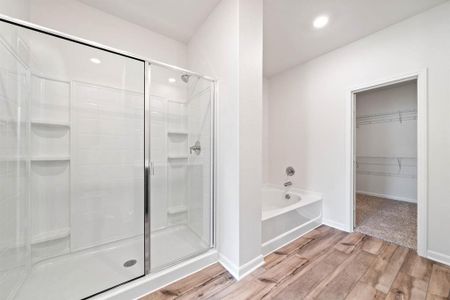 Bathroom with hardwood / wood-style flooring and independent shower and bath