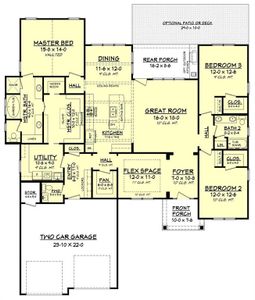 This floor plan will be modified to add 4 extra feet to the width of the Primary bedroom, allowing for a sitting area.  At this stage a 3 car garage or golf cart garage can be added too.