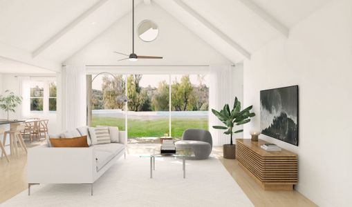 Great room with vaulted ceiling and white ceiling beams