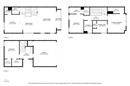 This home features a three-level layout. The first floor includes a foyer, bathroom, bedroom, and a spacious garage. The second floor offers an open living space with a kitchen, dining area, living room, pantry, and a bathroom, plus a balcony. The third floor contains two bedrooms, including a primary bedroom with en-suite bath, another bathroom, and laundry area.