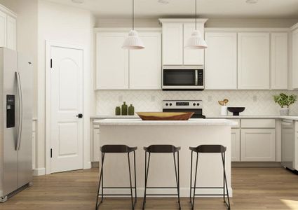 Rendering of kitchen with
  white cabinets and stainless steal appliances. The room has three barstools
  next to the counter.