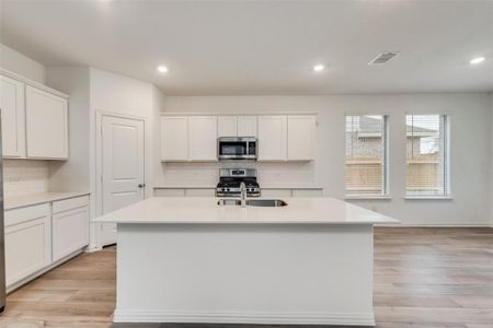 Kitchen featuring light wood-type flooring, stainless steel appliances, tasteful backsplash, and a kitchen island with sink