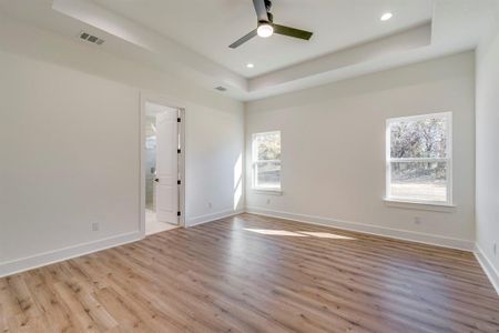 Empty room featuring light hardwood / wood-style floors, a raised ceiling, and ceiling fan