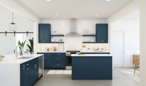 Kitchen with floating shelves and stainless steel appliances