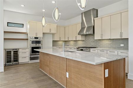 Bar with wine fridge and floating shelves