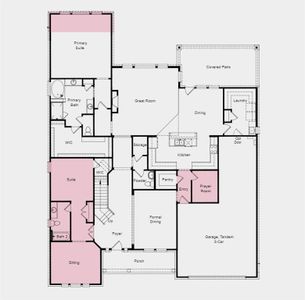 First Floor Plan - Structural options added include: extended primary suite, prayer room, multi-gen suite, and media room