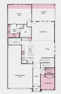 Structural options added include: Gourmet kitchen, extended primary suite, slide-in tub at primary bath, bedroom 5, full bathroom 4, mud set shower at bath 4, railing at staircase, and extended covered patio.