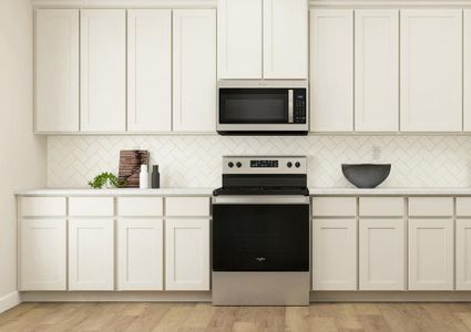 Rendering of the gorgeous kitchen in the
  Twinberry floor plan. It has white cabinetry, herringbone tile backsplash,
  stainless steel Whirlpool brand appliances and granite countertops.