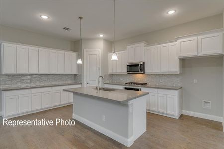 Kitchen with white cabinetry, tasteful backsplash, an island with sink, light hardwood / wood-style floors, and sink