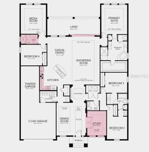 Floor Plan -  Structural options added include: gourmet kitchen, outdoor kitchen rough-in on the covered lanai, pocket sliding door in the gathering room, study, and walk-in shower in bathroom 3