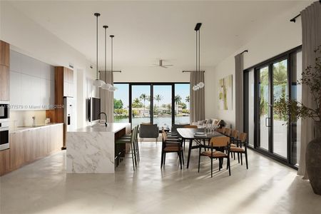 This modern contemporary dining room features a seamless connection to the kitchen, fostering an open and inviting atmosphere. The use of 46x46 porcelain tiles enhances the aesthetic while high-impact doors and large windows invite abundant natural light and stunning views of Lake Melva. This design not only elevates the dining experience but also serves as an ideal setting for gatherings with a picturesque backdrop.